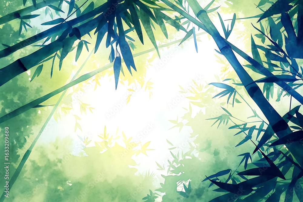Poster sunlight filtering through lush green bamboo stalks creating a bright ethereal glow in a serene fore