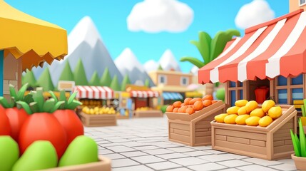 Vibrant Marketplace with Fresh Produce Stalls in a Scenic Outdoor Setting