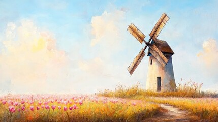 Beautiful Windmill Landscape with Colorful Tulip Fields and Soft Blue Sky in a Serene Countryside Setting