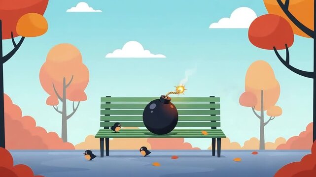 Cartoon bomb with lit fuse on a park bench in an autumn park. Danger, surprise, and impending event concept.