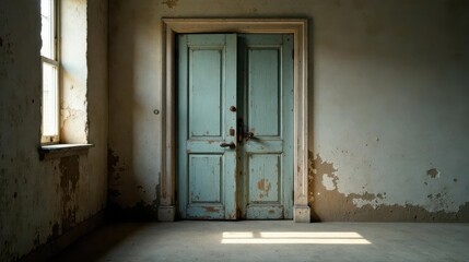 Sunlit Room with Aged Teal Double Door and Peeling Walls