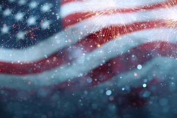 Golden fireworks bursting over a waving United States flag, creating a vibrant display of patriotism in celebration of Independence Day