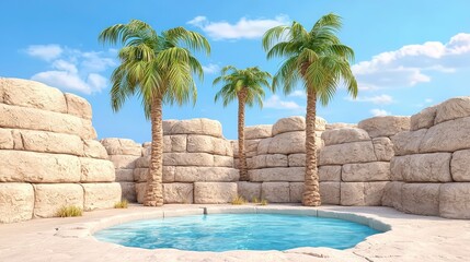 Tranquil Desert Oasis with Palm Trees and Crystal Clear Water in a Rocky Landscape Under Blue Sky