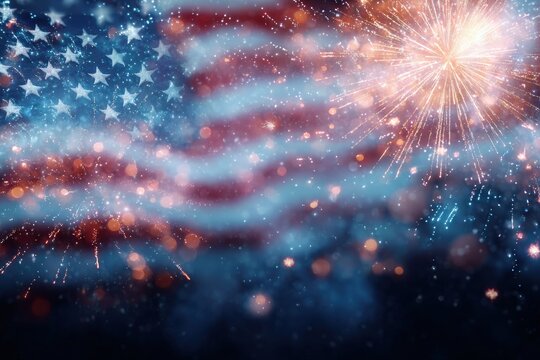 Colorful fireworks exploding over a blurred United States flag, celebrating Independence Day with vibrant lights and bokeh effects