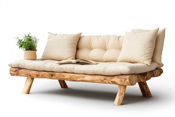 Natural wooden sofa with soft cushions and a small plant on a minimalist white background for cozy interior design