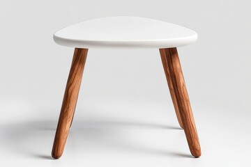 Minimalist three-legged table with modern design, wooden legs, and smooth white top in studio setting