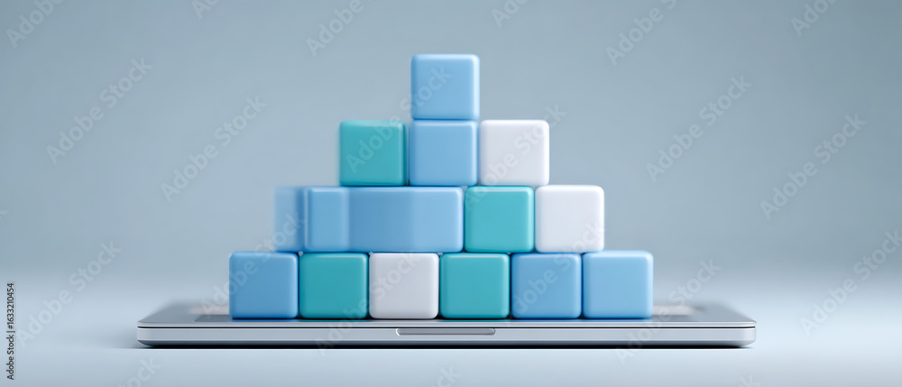 Poster stacked colored blocks arranged in a pyramid shape on top of a laptop in a modern workspace setting