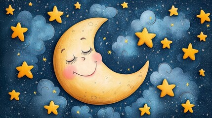 Cheerful Moon Smiling Amidst Bright Stars and Soft Clouds in a Night Sky Illustration