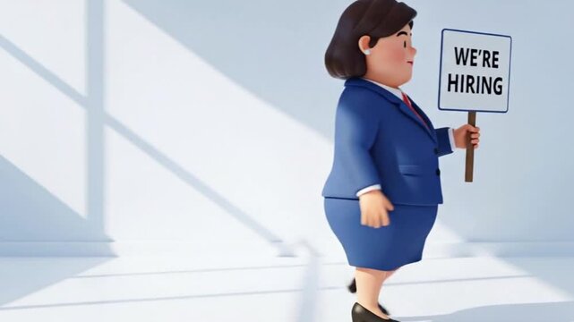 3D cartoon-style businesswoman in a blue suit with red tie, smiling and confidently holding a sign that reads "WE’RE HIRING." The character stands in a modern, bright indoor office .