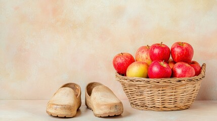 Traditional Wooden Shoes Beside a Basket of Fresh Red Apples on a Rustic Background