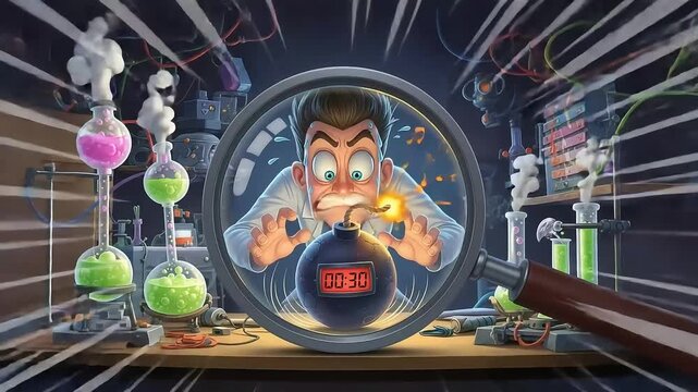 Cartoon Scientist in Crisis: Urgent Bomb Defusal in a Chaotic Laboratory