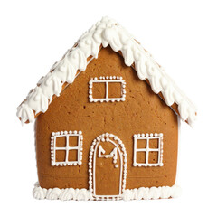 This charming gingerbread house features intricately detailed icing decorations on a solid background, perfect for festive holiday decor.