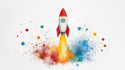 Colorful Rocket Launching with Splash of Paint and Smoke Against White Backdrop