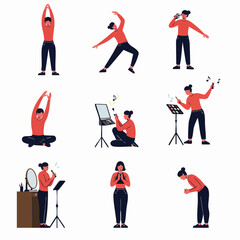Fototapeta premium Illustrations of a person engaging in diverse activities: creative pursuits, self-care, performance, and well-being.