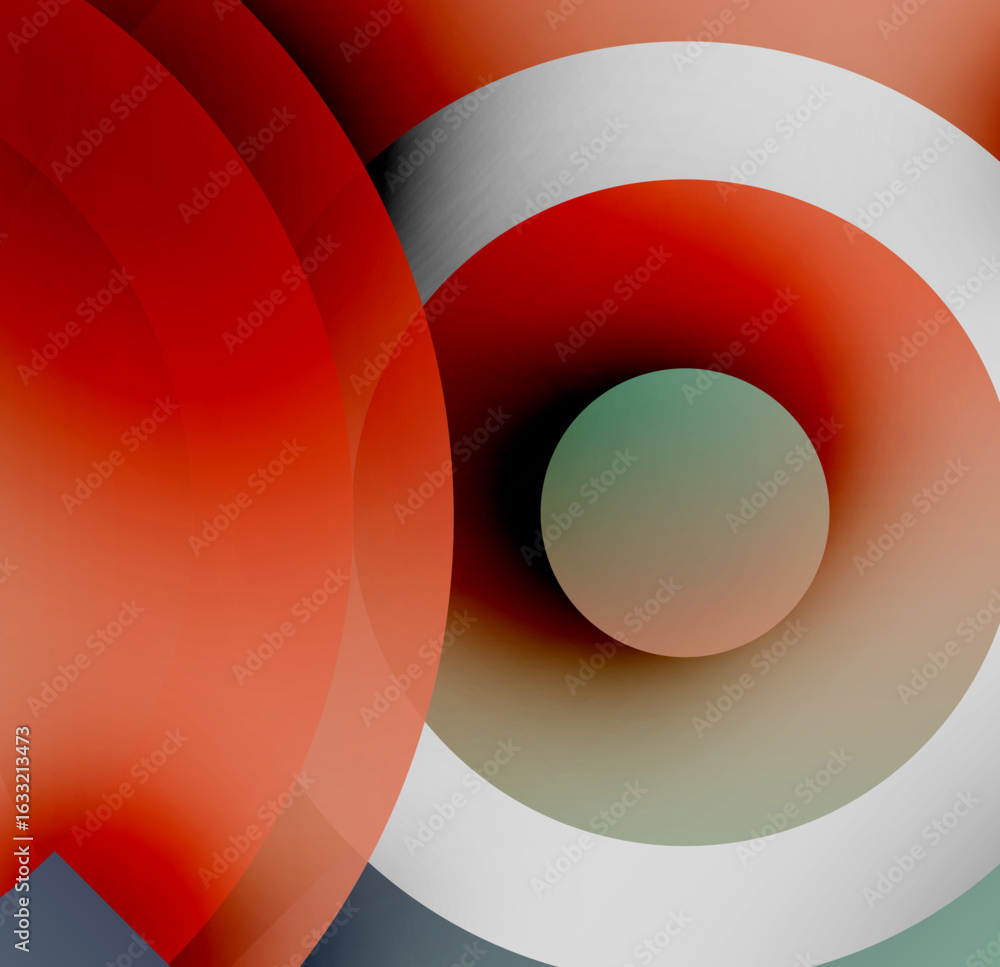 Poster abstract composition featuring overlapping circles. red, white, green hues create depth, visual inte