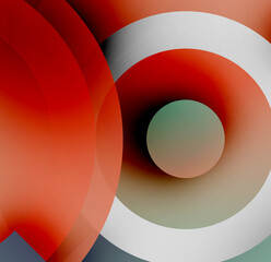 Abstract composition featuring overlapping circles. Red, white, green hues create depth, visual interest. Minimalist design, modern aesthetic.
