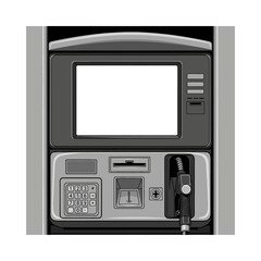 Gray-scale illustration of a modern gas pump terminal with a blank screen, payment options, and a fuel nozzle.