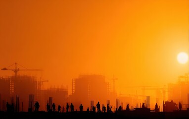 Fototapeta premium Silhouettes of construction workers building skyscrapers at sunset, with cranes and orange sky