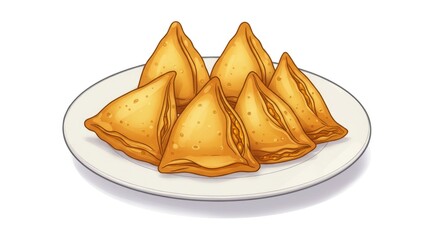 Golden Samosas on White Plate, Crispy Indian Snack Illustration, Culinary Delight