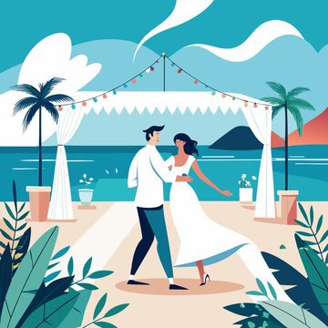 Couple dancing at a beach wedding ceremony isolated on white background