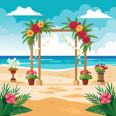 Obraz premium Tropical beach wedding arch decorated with flowers and lights isolated on white background