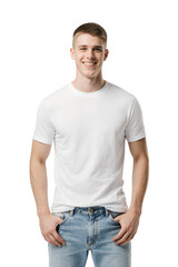 Fototapeta premium Young man wearing white t-shirt and blue jeans, isolated on transparent background