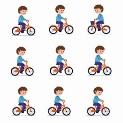 Repeated cartoon illustration of a happy boy riding an orange bicycle, suitable for children's themes, set against a clean white background.