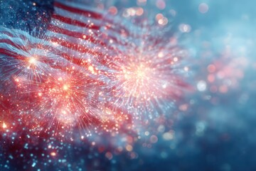 Fototapeta premium Bright fireworks bursting over a softly blurred United States flag, celebrating the vibrant spirit of the 4th of July holiday