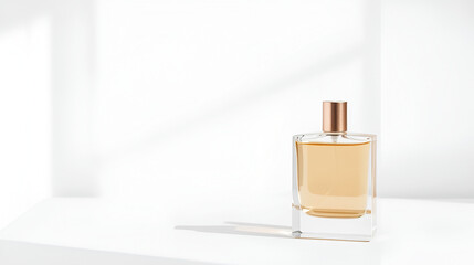Perfume advertisement, fragrance and minimalism: A minimalist perfume advertisement, elegant glass fragrance bottle on a neutral-toned background.