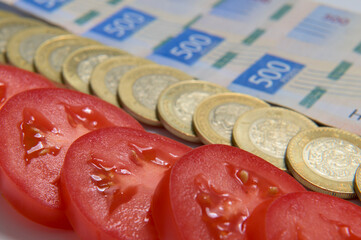 Rows of tomatoes and currency of Mexican peso banknotes and coins, trade concept