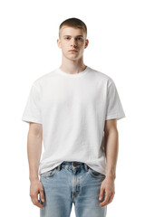Fototapeta premium Young man wearing white t-shirt and blue jeans, isolated on transparent background