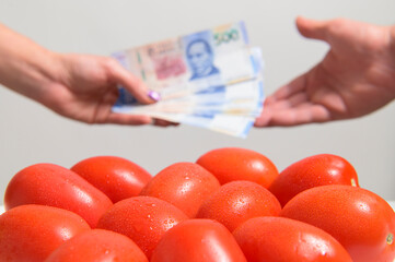 Closing negotiations and sales of fresh red tomatoes, and below against a blurred Person's hand...