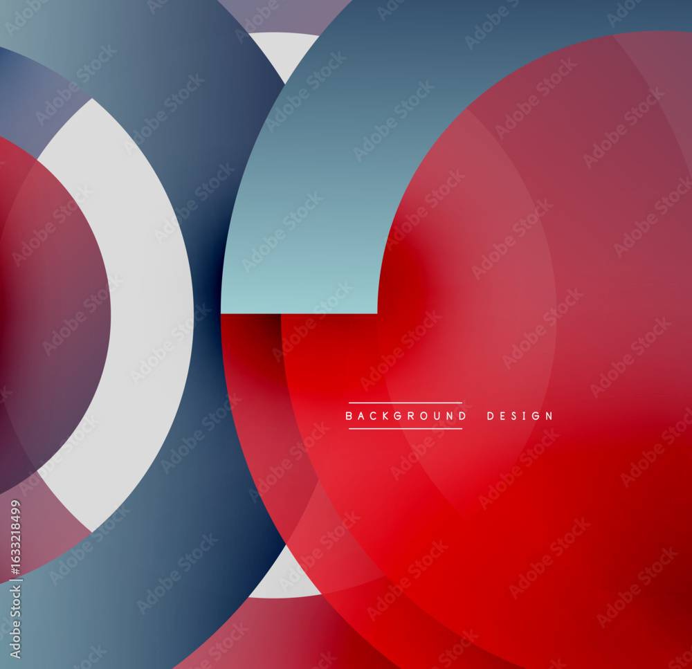 Poster abstract geometric design. overlapping circles, rectangles create dynamic composition. red, blue, wh
