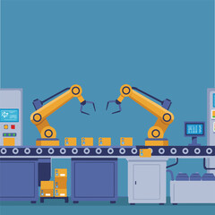 An industrial production line is shown with two robotic arms in operation, assembling boxes on a conveyor belt in a well-lit factory setting.