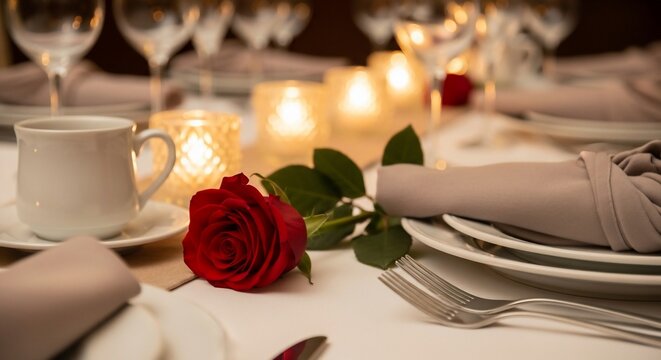 A romantic and elegant dinner table setting adorned with a single red rose and glowing candles.