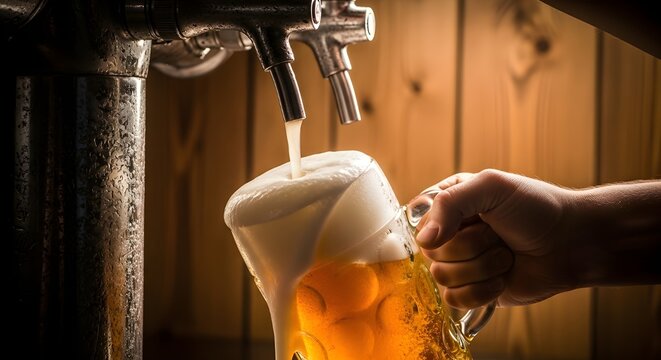 Close-up of a hand pouring fresh craft lager beer from a traditional tap into a large stein mug in a rustic wooden pub.