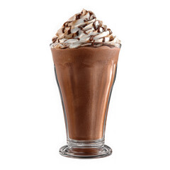 Delicious chocolate milkshake topped with whipped cream and chocolate sprinkles isolated on transparent background