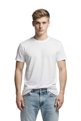 Fototapeta premium Young man wearing white t-shirt and blue jeans, isolated on transparent background