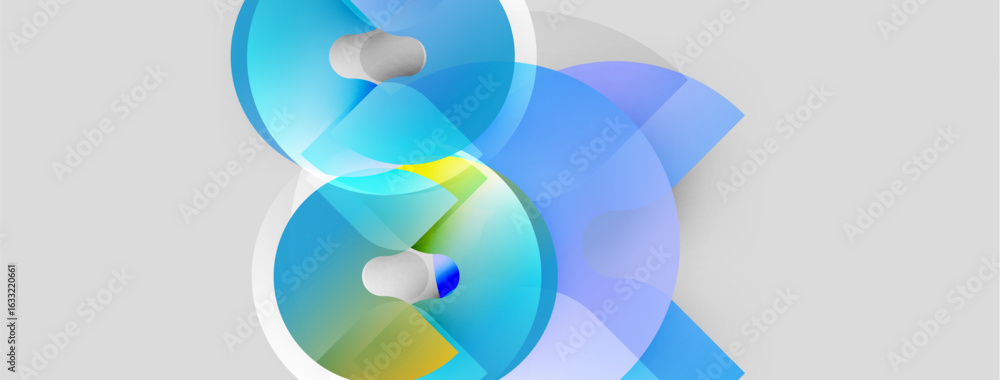 Poster abstract design features overlapping translucent circles, creating vibrant blue, yellow gradients. m