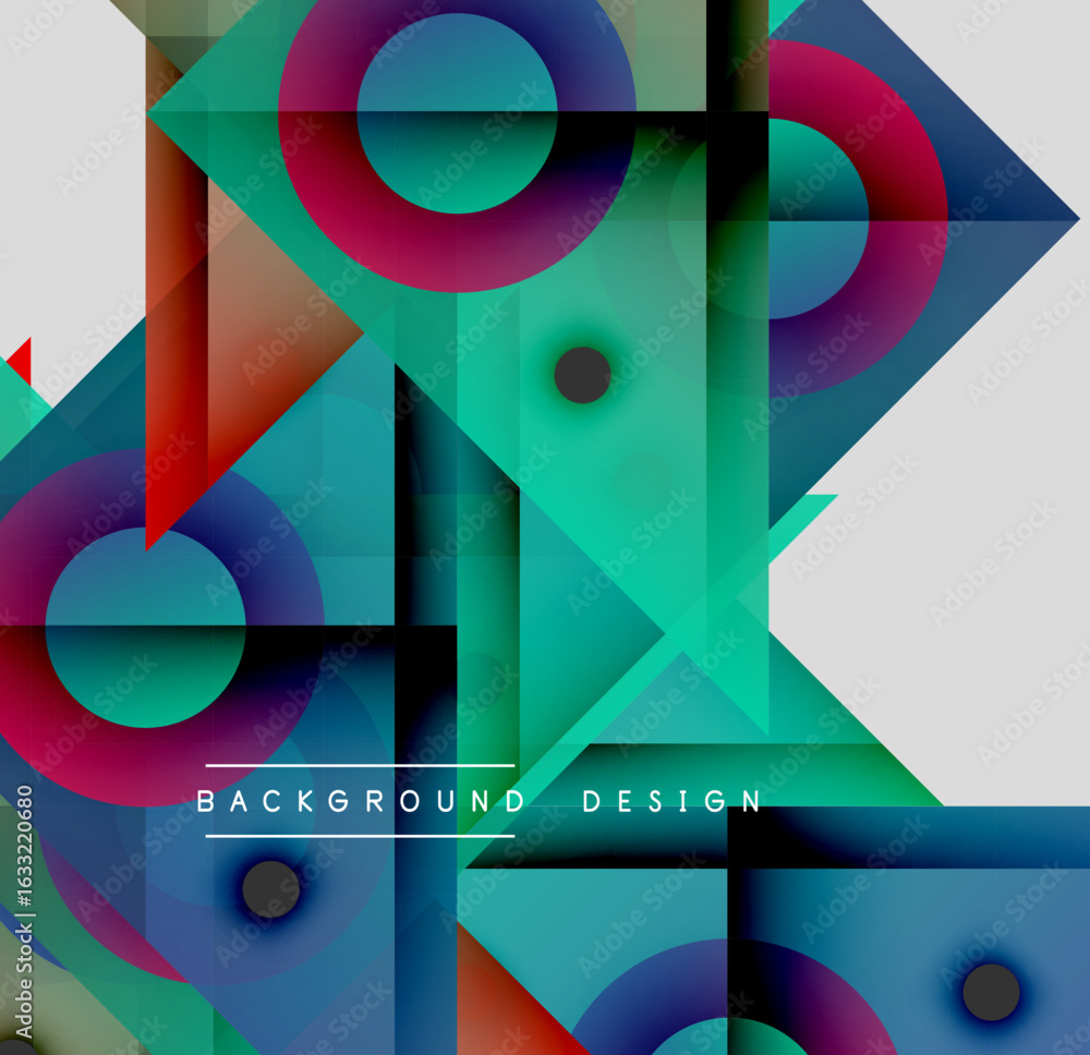 Poster abstract geometric shapes overlap, creating vibrant colorful background. modern design utilizes grad