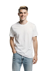 Young man wearing white t-shirt and blue jeans, isolated on transparent background