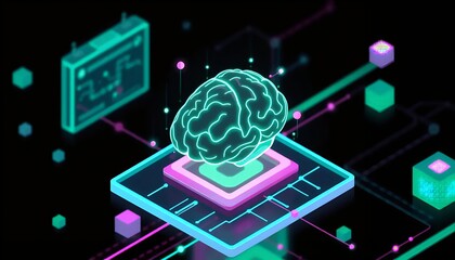 Futuristic digital brain on a glowing platform with circuitry and cubes