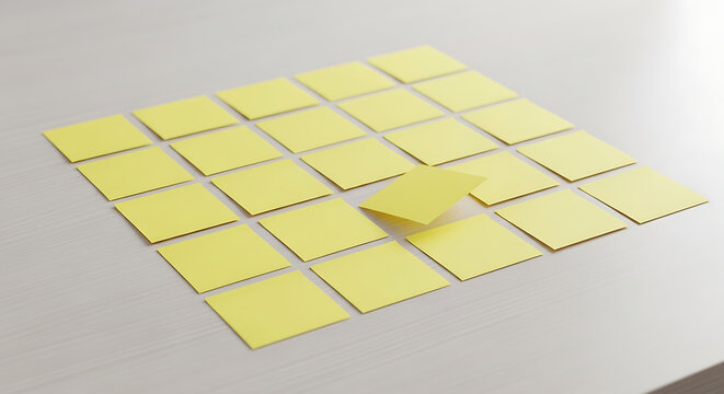 Ai generated image of a grid of yellow sticky notes on a lightcolored surface, with one note slightly askew