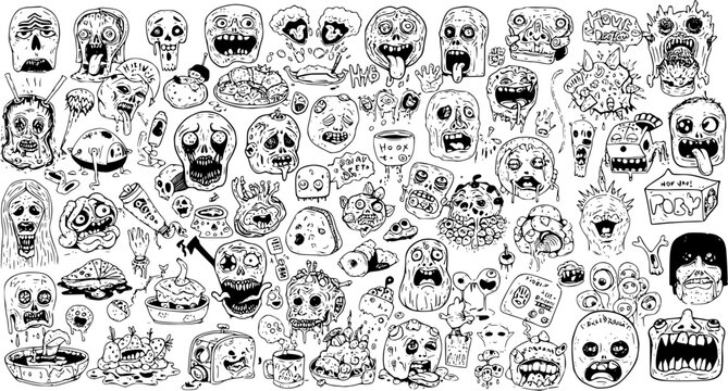 Abstract Black and White Horror Doodles: A bizarre collection of melting faces, zombie-like figures, monstrous food, and surreal creatures in a detailed hand-drawn art style.