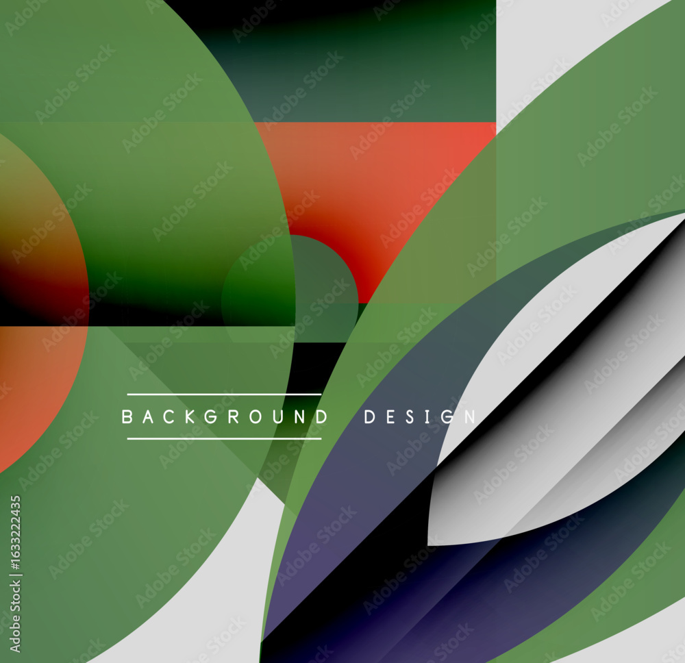 Poster abstract geometric shapes overlap. green, red, gray hues dominate composition. modern design element