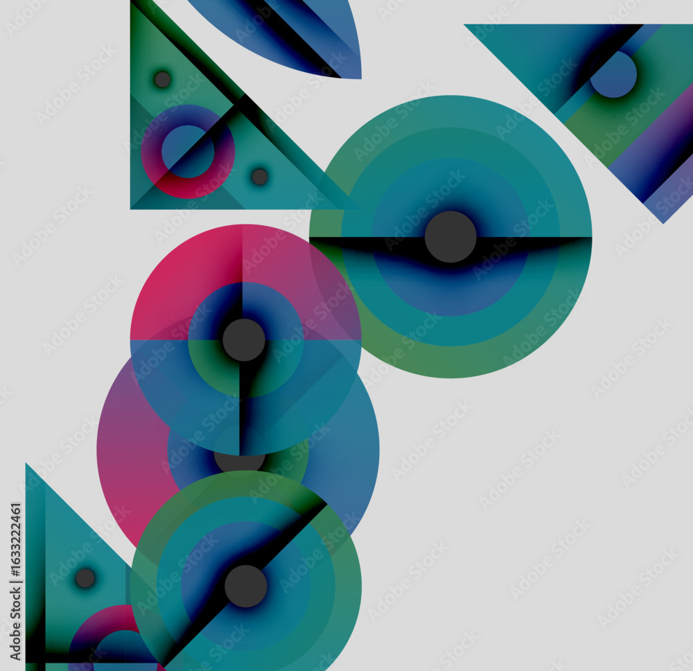 Poster abstract geometric composition. overlapping circles, triangles create vibrant visual effect. colors 