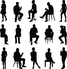 Collection of black vector silhouettes of people sitting, standing, thinking, and talking in casual poses, isolated on white background