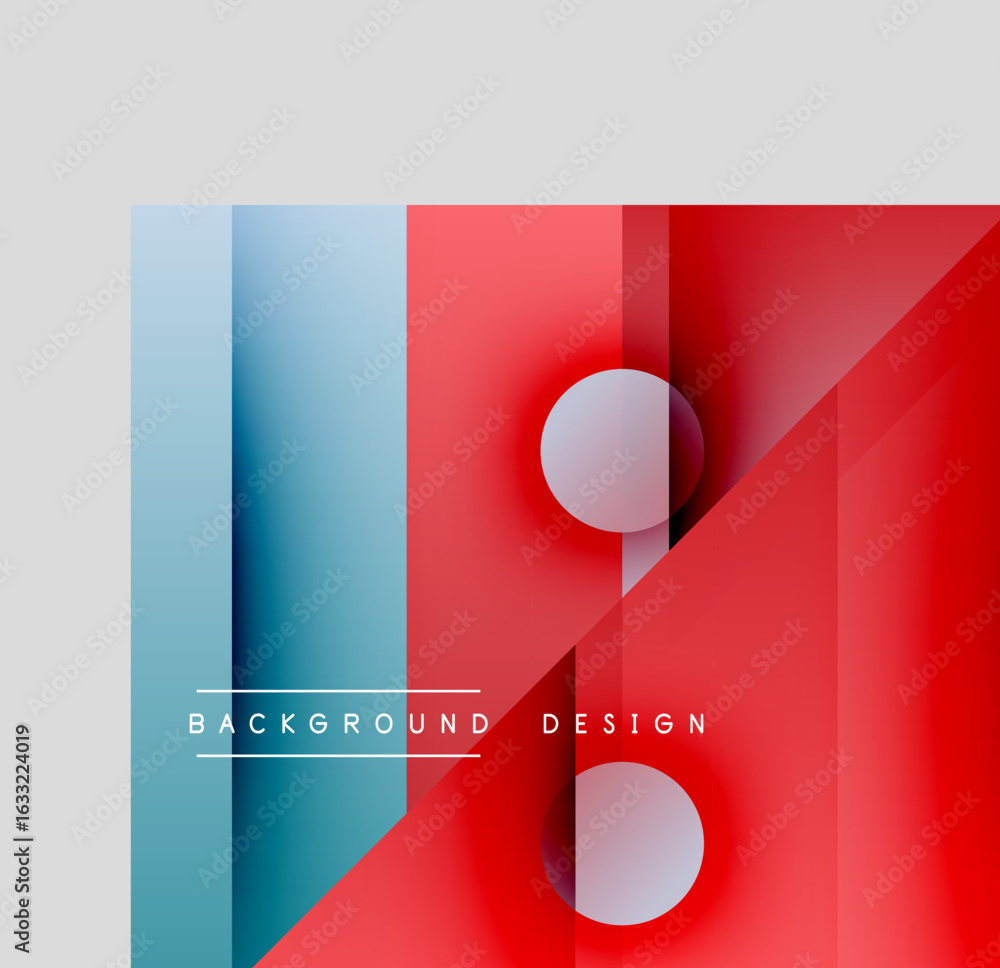 Poster abstract geometric design. blue, red gradients create layered effect. circles overlap angled lines, 