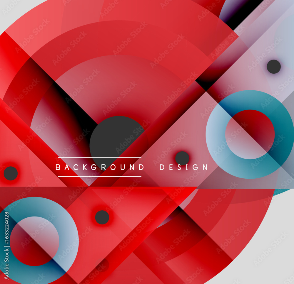 Poster abstract geometric composition. red dominates, accented by teal, black, white. overlapping shapes cr