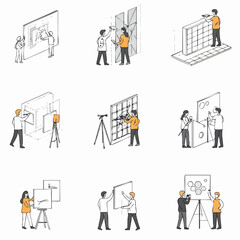 People collaborating on abstract design and engineering projects, visualizing concepts, developing structures, and creating innovative solutions in a modern, illustrative style.